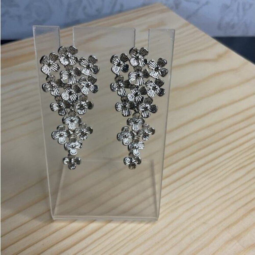 Silver Floral Drop Dangle Pierced Stud Earrings